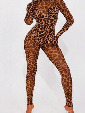 Leopard Print Long Sleeve Jumpsuit - Brown